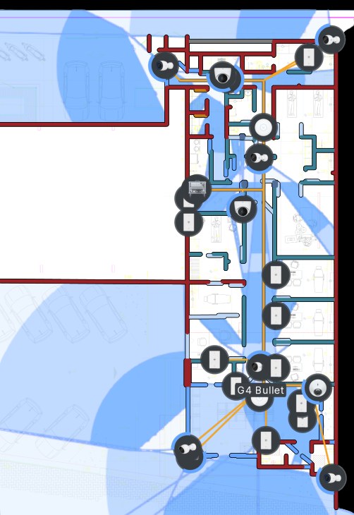 Planta CFTV — ângulos de cobertura calculados por câmera
