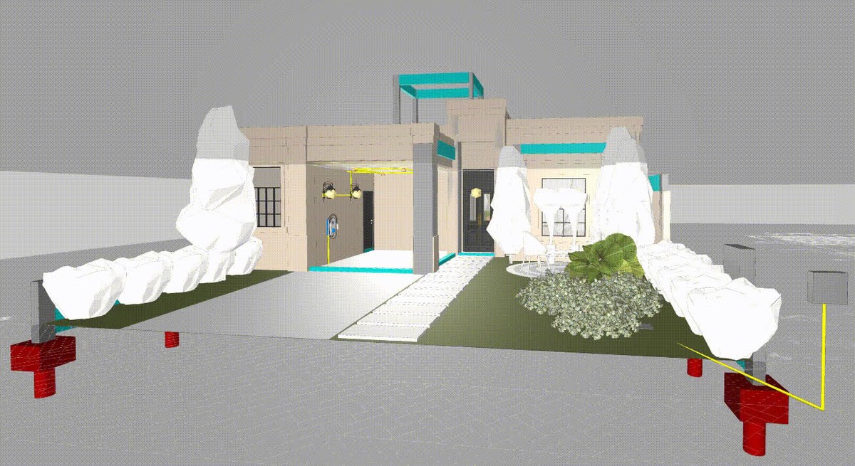 Render BIM 3D da residência — fundação e tubulações modeladas antes da obra